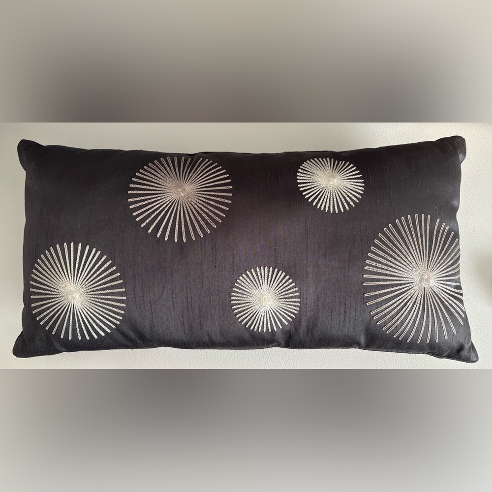 Throw Pillow Soft Black Hidden Zipper Textured Fabric and Embroidered Detail